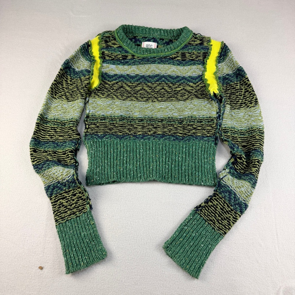 BDG Urban Outfitters Green Striped Cropped Sweater Neon Patch Shoulder Womens M